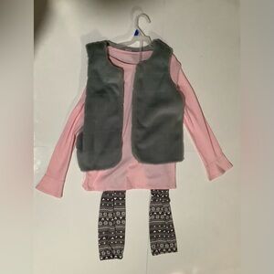 Pink Top with Gray Faux Fur Vest and Patterned Leggings Set